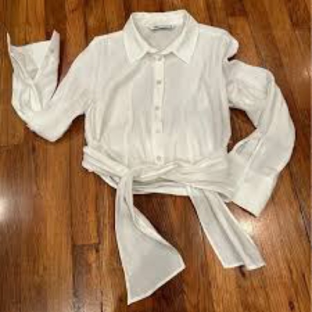Zara White Tie-Waist Blouse